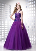 Purple Halter Flat Princess Beading Ruched Elegant Ball Gown Prom Dress