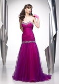 Mermaid Cheap Half Ruched Beading Organza Taffeta Prom Dress
