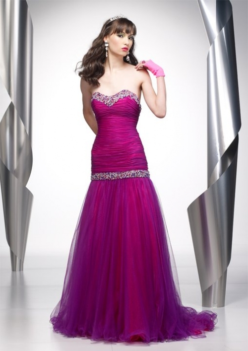 Mermaid Cheap Half Ruched Beading Organza Taffeta Prom Dress