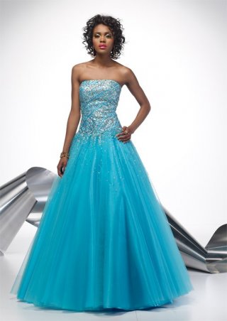 A Line Blue Flat Attractive Floor Length Strapless Prom Dress/ Evening Dress