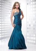 Navy One Flower Shoulder Long Strap Boat Neck Beading Mermaid Prom Dres
