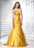 Gold One Butterfly shoulder Mermaid Backless Side Ruched Beading Elastic Satin Prom Dress