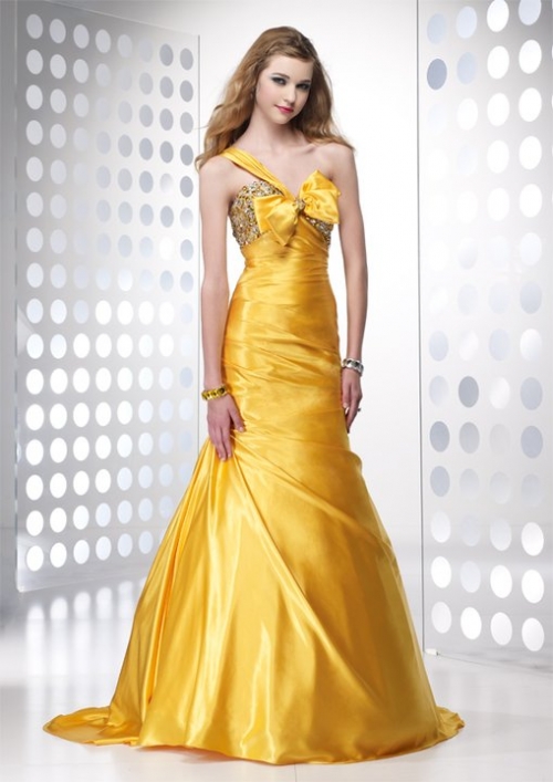 Gold One Butterfly shoulder Mermaid Backless Side Ruched Beading Elastic Satin Prom Dress