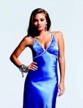 Halter V Neckline With Beadings Dropped Floor length Elastic Satin Blue Evening Dress