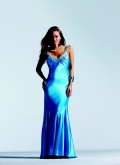 Double Straps Backless V Neckline Tiny Pleated Ruched Dropped Floor Length Blue Evening Dress