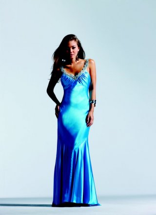 Double Straps Backless V Neckline Tiny Pleated Ruched Dropped Floor Length Blue Evening Dress