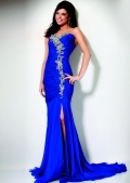 Sweetheart Trumpet Chapel Train With Embroidery Furcation Ruched Elegant Blue Evening Dress