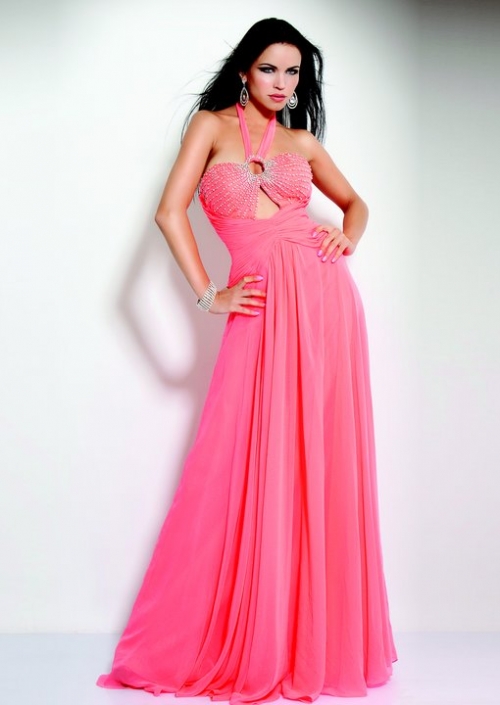 A Ball Gown Beading And Ruched Halter Evening Dress With Floor Length