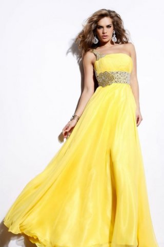 Yellow Ball Gown One Beading Shoulder With A Pleated And Appliques Waistband Top 100 Evening Dress