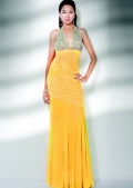 A Line Side Ruched Bodice Detailed With Sequins Halter Chiffon Evening Dress