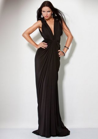 Fashion Black Deep V Neckline Natural Side Ruched Best Selling Evening Dress