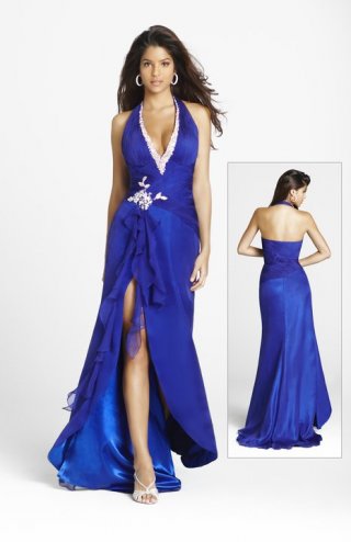 Halter With Beadings Furcation Ruched And Pleated Sweep Trsin Blue Evening Dress