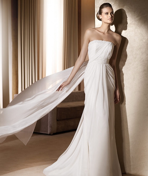 2012 Simple Chiffon Style Strapless Column Long Length Beach Wedding Dress
