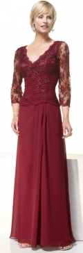 Embroider V-neck 3/4 lace Sleeves Beaded Red Floor Length Mother of Groom and Bride Dress