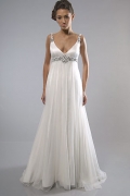 Seductive V-neck Beads Working Strap Chiffon Cheap beach Wedding Dress