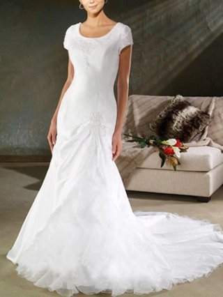 2012 mermaid square Short Sleeves Satin&organza wedding dress