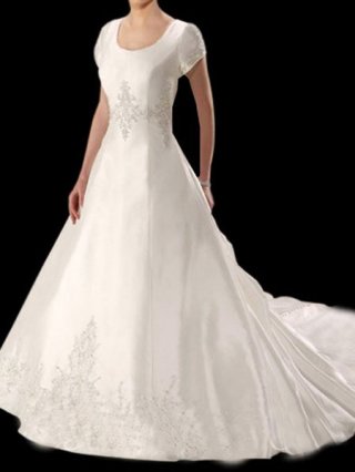 2012 classic Short Sleeves Embroidery around body Satin A line bridal wedding dress