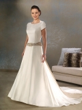 A-line Short Sleeves 2012 Satin Scoop neck and colored sash wedding dresses