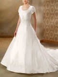 2012 traditional Short Sleeves Embroidery at waist and hemline A line satin wedding dress