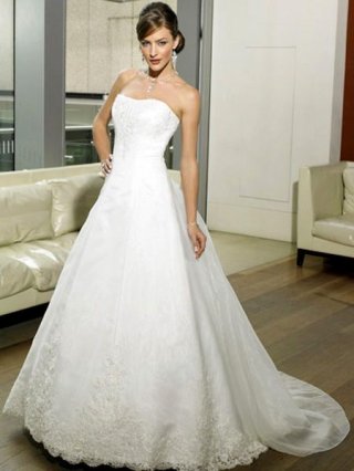 Elegant A Line Applique on bust and hemline Strapless Satin & lace wedding dresses