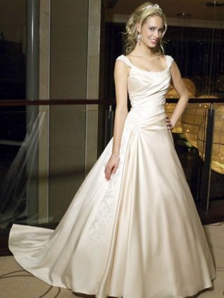 2012 A-line princess off the shoulder chapel train Satin Square neck Wedding dress
