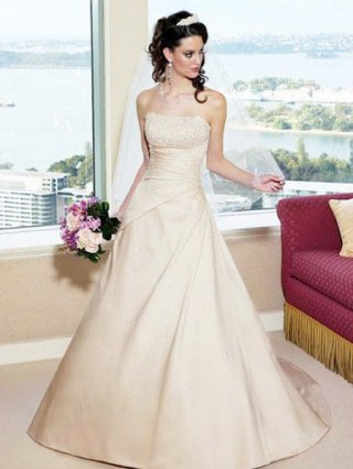 A-Line Strapless chapel train Satin/Taffeta wedding dresses