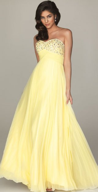Light Yellow Sweetheart Appliques Chapel Train Satin prom / Evening Dress