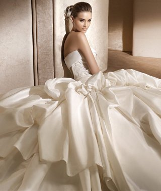 Ball Style Strapless Puffy Satin Court Train Wrinkle Mermaid Wedding Dress