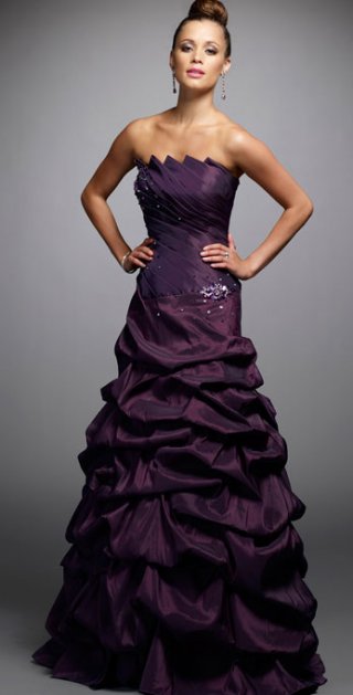 Purple Scalloped-Edge Taffeta Multi-Layer Side-Draped Beading Prom Dress