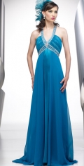 Halter With Beading And pleated v Neckline Dropped Floor length Appliques In The Back Blue Evening Dress
