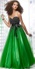 Green Ball Gown Backless Black Ribbon With Beadings Floor Length Evening Dress