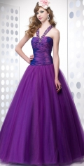 Halter Purple Three Branches Hollow Appliques Half Draped Tulle Satin Cheap Prom / Evening Dress