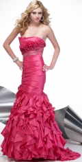Meramid Pink Multi-Layer Taffeta Ruched beading Flowers Chapel Train prom Dress