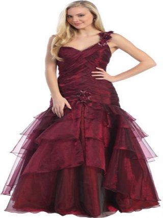 Burgundy Pleated Mulit-layer Cheap trumpet/ mermaid Design Prom Dress with Beads And Flowers