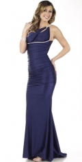 Dark Blue Slinky Entire Ruched And Pleated With one Side Shoulder Evening dress