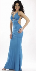 Light Blue Sexy Deep V Neckline And Halter Ruched Bodice Chiffon Evening Dress