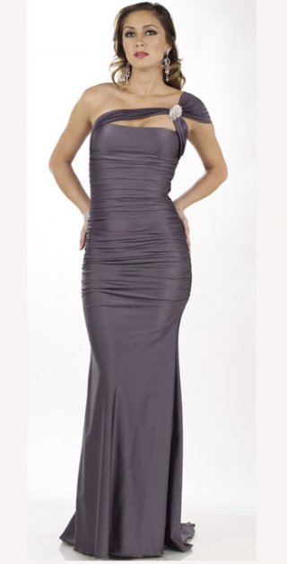 Slinky Grey Chubby Fully Ruched One Shoulder And Off The Shoulder Taffeta Evening Dress