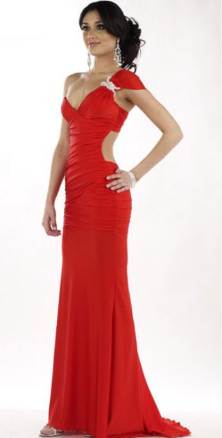 Tempting A Line Red One Chiffon Shoulder With Beadings Evening Dress