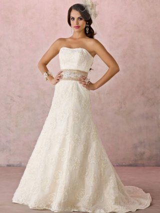 2012 Strapless lace dress with applique sash Cheap Wholesale New Style Princess Wedding Dress