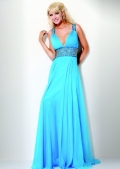 Attractive Deep V Neckline Appliques Waistband Chiffon Evening Dress With Sequins
