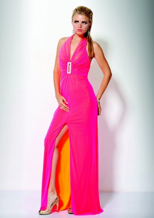 Ruched Detailed Bidice Halter With A Beading V Neckline Evening Dress With A Furcation