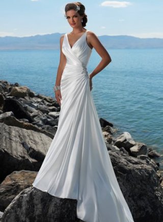 Discount Glamorous Long Length Satin V-neck Pleated Beach Wedding Dress