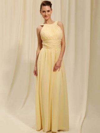 Classic Jewel Neck With Ruched Floor Length Chiffon Bridesmaid Dress