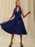 Dark Blue Deep V Neckline With A Pleated Waist And A Gown Bridesmaid Dress