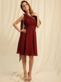 New Style Claret With One Inclined Shoulder Pleated Ankle Length Bridesmaid Dress