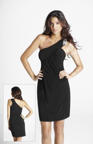 One Ruched Shoulder Column Style Chiffon Evening Dress