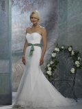 Cheap modest Strapless Sweetheart green Sash satin faced tulle trumpet wedding dresses