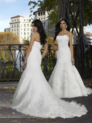 Fashion Cheap beading appliques decoration around dress Strapless chapel train Satin & organza trumpet wedding dresses