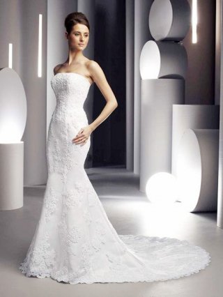 Cheap lily white gorgeous Strapless satin faced lace trumpet & Mermaid Wedding dresses