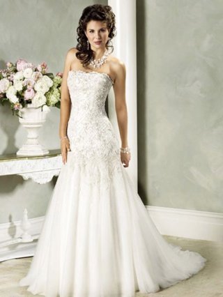 Cheap traditional Strapless beading appliques bodice and tulle skirt Mermaid Wedding dresses